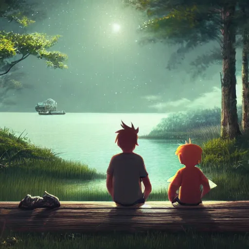 Image similar to a silver dragon and a boy sitting together next to a lake watching firefly at night in forest, concept art, dof, cryengine, digital art, detailed background, makoto shinkai