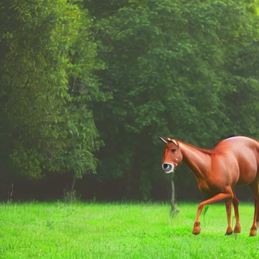 Prompt: a photo of a centaur walking alone in a green field with nice bright weather