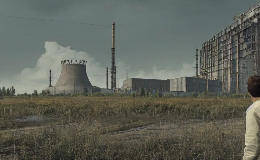 Image similar to a man looking at the chernobyl powerplant, a photorealistic painting by gregory crewdson, cgsociety, playstation 5 screenshot, matte painting, cryengine