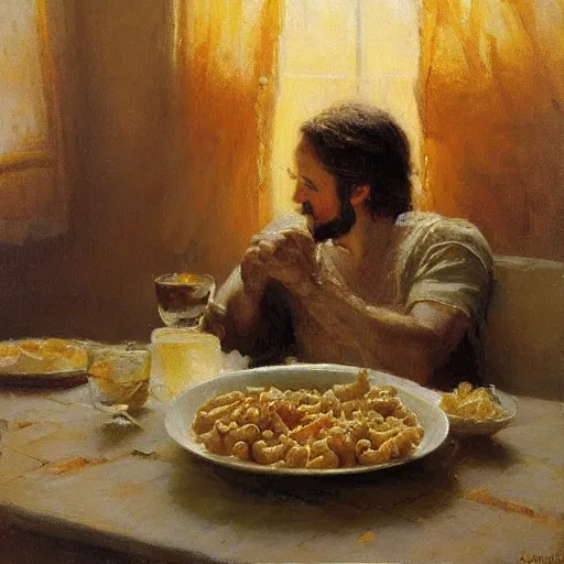 Image similar to Jesus eating mac n’ cheese, painting by Gaston Bussiere, Craig Mullins