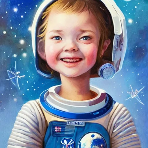 Prompt: a cute little girl with a round cherubic face, blue eyes, and short wavy light brown hair smiles as she floats in space with stars all around her. she is an astronaut, wearing a space suit. beautiful painting with highly detailed face by greg rutkowski and quentin blake