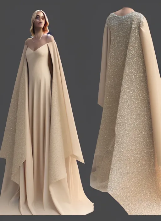 Prompt: crystal beige gown with cape, magical, octane render, hyper realistic