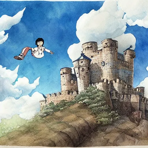 Image similar to laputa castle in the sky hayao miyazaki flying high in the sky, watercolor illustration for a book