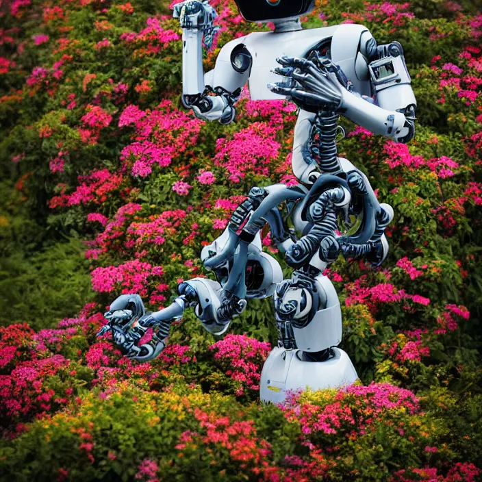 Image similar to a robot wearing a cloak made of flowers, by Omar Z. Robles, CANON Eos C300, ƒ1.8, 35mm, 8K, medium-format print