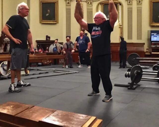 Image similar to bernie sanders deadlifting, 200lb barbells, in senate chambers