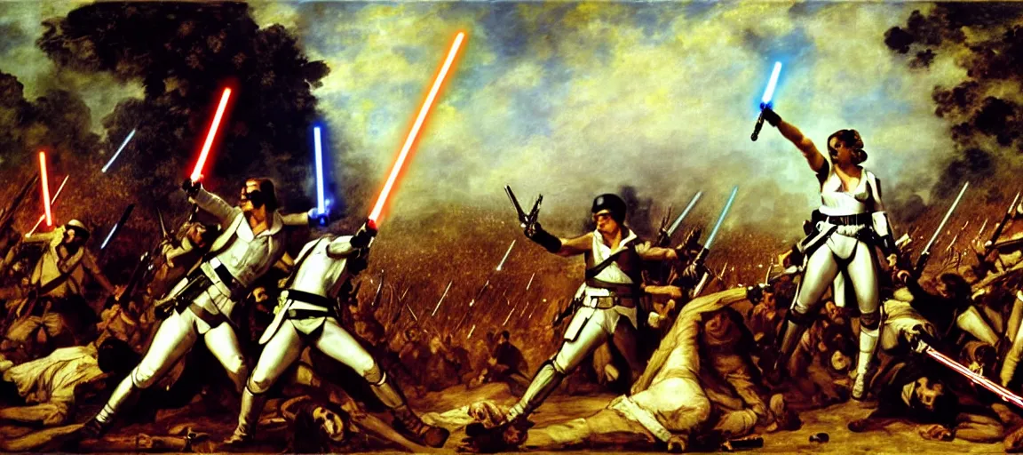 Prompt: liberty leading the people, french revolution, flag, france, eugene delacroix, jedi, lightsaber, ewoks, at - st, tie - fighter, endor forest, oil on canvas