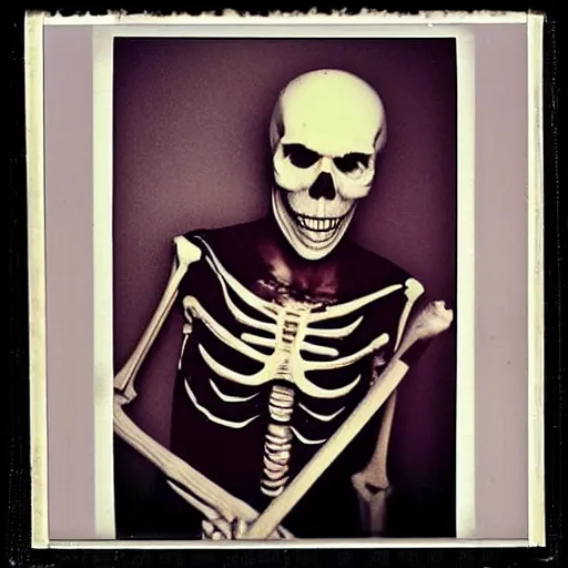 Prompt: skeleton drummer, wild, flash polaroid photo, underground party,
