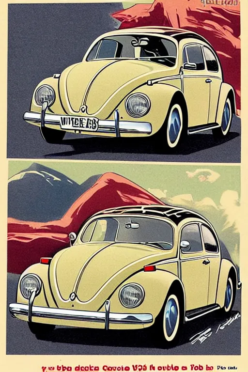 Prompt: Volkswagen Beetle car in the style of a 50s by Frank Hampson and mcbess, 1950s