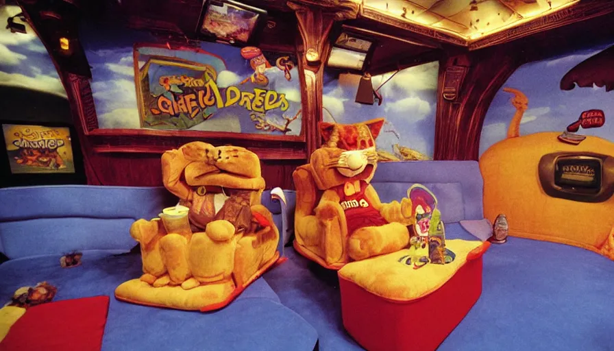 Image similar to 1990s photo of inside the Garfield's Wild Dream ride at Universal Studios in Orlando, Florida, riding a box with a blanket, with Garfield the cartoon cat, through a living room filled lasagna, coffee cups, and lava lamps, cinematic, UHD