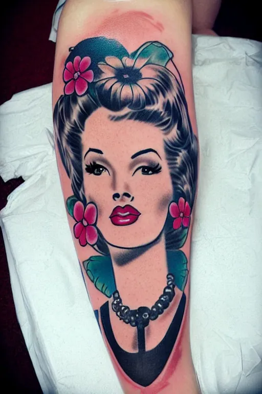 Prompt: pinup girl tattoo by Ryan Ashley