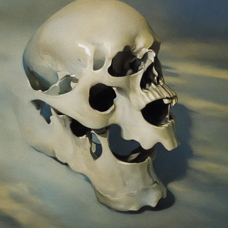 Prompt: closeup of metal skull submerged in milk painted by Edward Hopper, painted by Wayne Barlow, airbrush