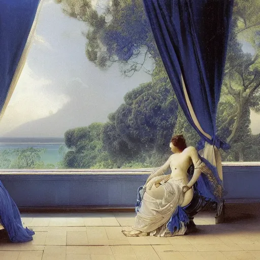 Prompt: gardens of marble draped in flowing sheets of cobalt blue satin and silver satin, by ivan aivazovsky and syd mead and pieter claesz and paul delaroche and alma tadema and august malmstrom and willem claesz heda and aelbert cuyp and moebius and roger dean and studio, hyperrealistic, volumetric light, octane render