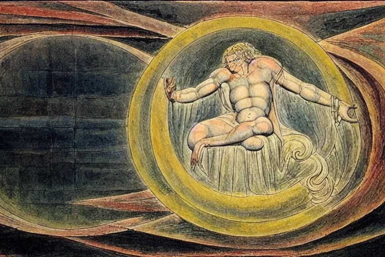 Image similar to a god giving birth to a new universe and then dissolving itself into it, in the style of william blake, illustration, epic, fantasy, smooth