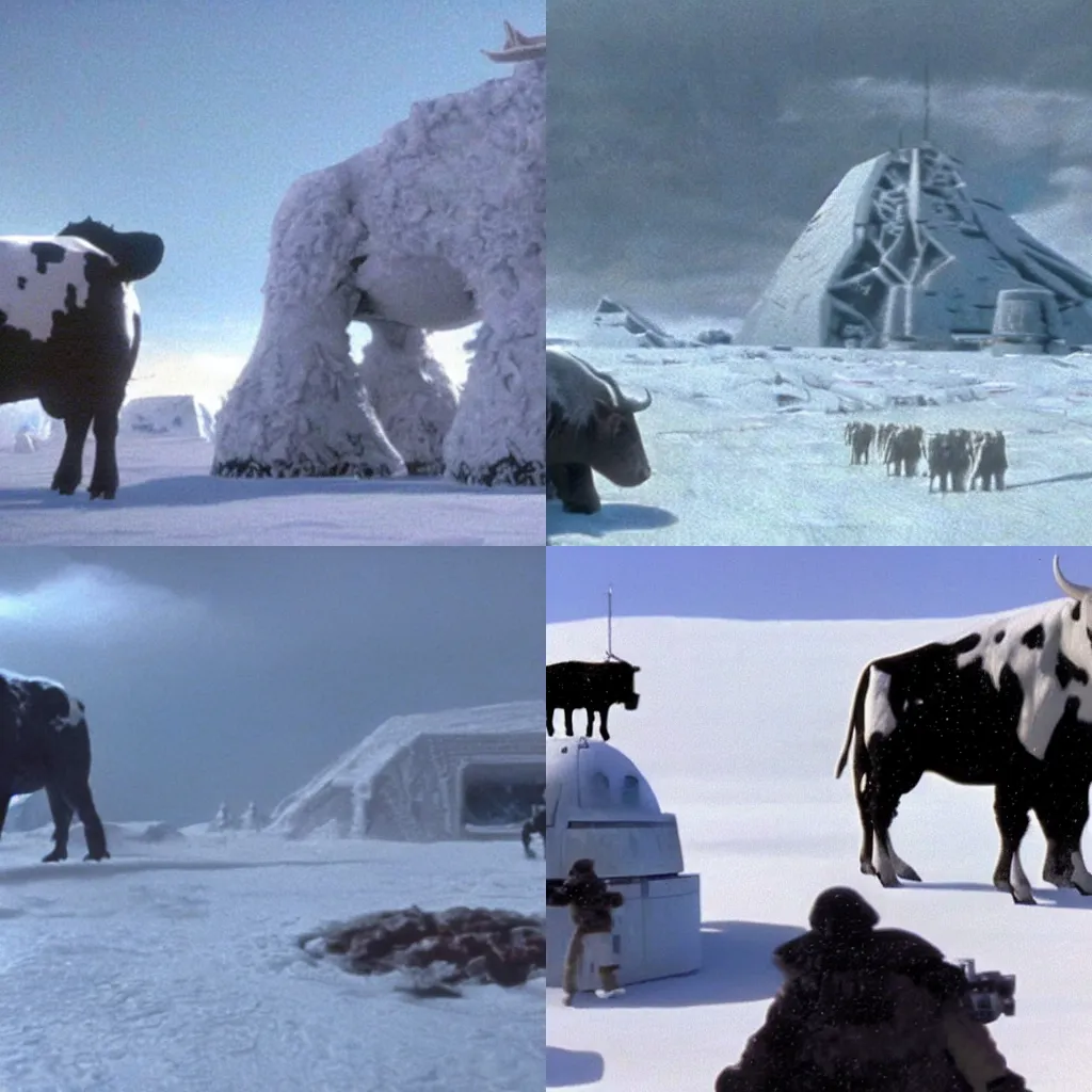 Prompt: a giant cow attacking the rebel base on Hoth in the movie Star Wars The Empire Strikes Back