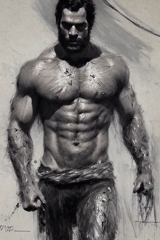 Prompt: henry cavill with a hairy shredded body type painting by gaston bussiere and greg rutkowski, trending on cgsociety