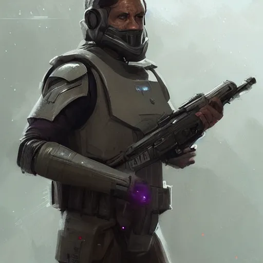 Image similar to star wars concept art by greg rutkowski, a soldier of the galactic dominion wearing purple tactical gear, highly detailed portrait, digital painting, artstation, concept art, smooth, sharp foccus ilustration, artstation hq