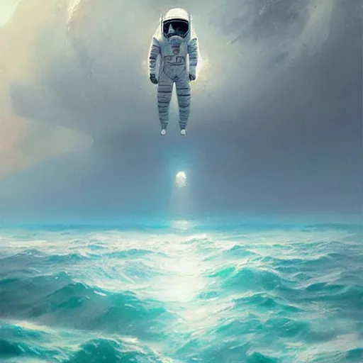 Image similar to an astronaut lost in the ocean,digital art,detailed,ultra realistic,art by greg rutkowski