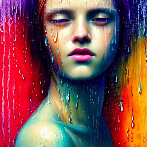 Prompt: portrait of girl in uniquely colored rain with wet hair and face, liquid drops, revelation, epiphany, bliss, fantasy, intricate, elegant, dramatic lighting, highly detailed, lifelike, photorealistic, digital painting, artstation, concept art, smooth, sharp focus, illustration, art by John Collier and Albert Aublet and Krenz Cushart and Artem Demura and Alphonse Mucha