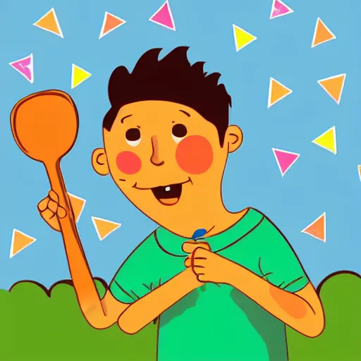 Prompt: happy boy holding a spoon on his nose, illustration,, high detail, cheerful colours