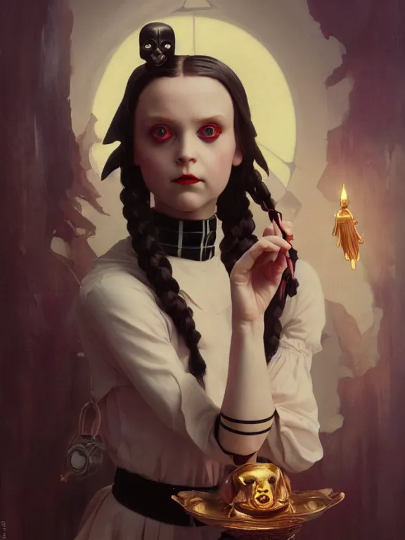 Prompt: epic beautifull hyper realistic wednesday addams, beauty, golden hour, gorgeous lighting by kim jung giu weta studio, mucha, bautista and norman rockwell and greg rutkowski and tom bagshaw and james gurney and lucasfilm