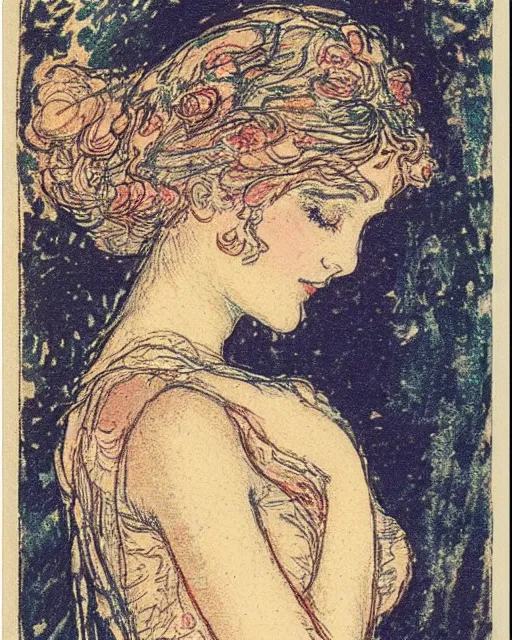 Image similar to beautiful woman by henri privat - livemont, delicate risograph