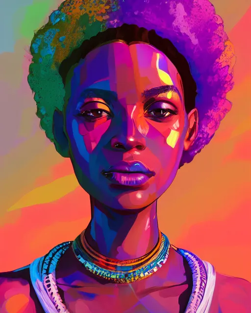 Prompt: colorful character portrait of a black female hippie 1 9 6 0 s vibe, set in the future 2 1 5 0 | highly detailed face | very intricate | symmetrical | cinematic lighting | award - winning | painted by mandy jurgens | pan futurism, dystopian, bold colors, cyberpunk, groovy vibe, anime aesthestic | featured on artstation