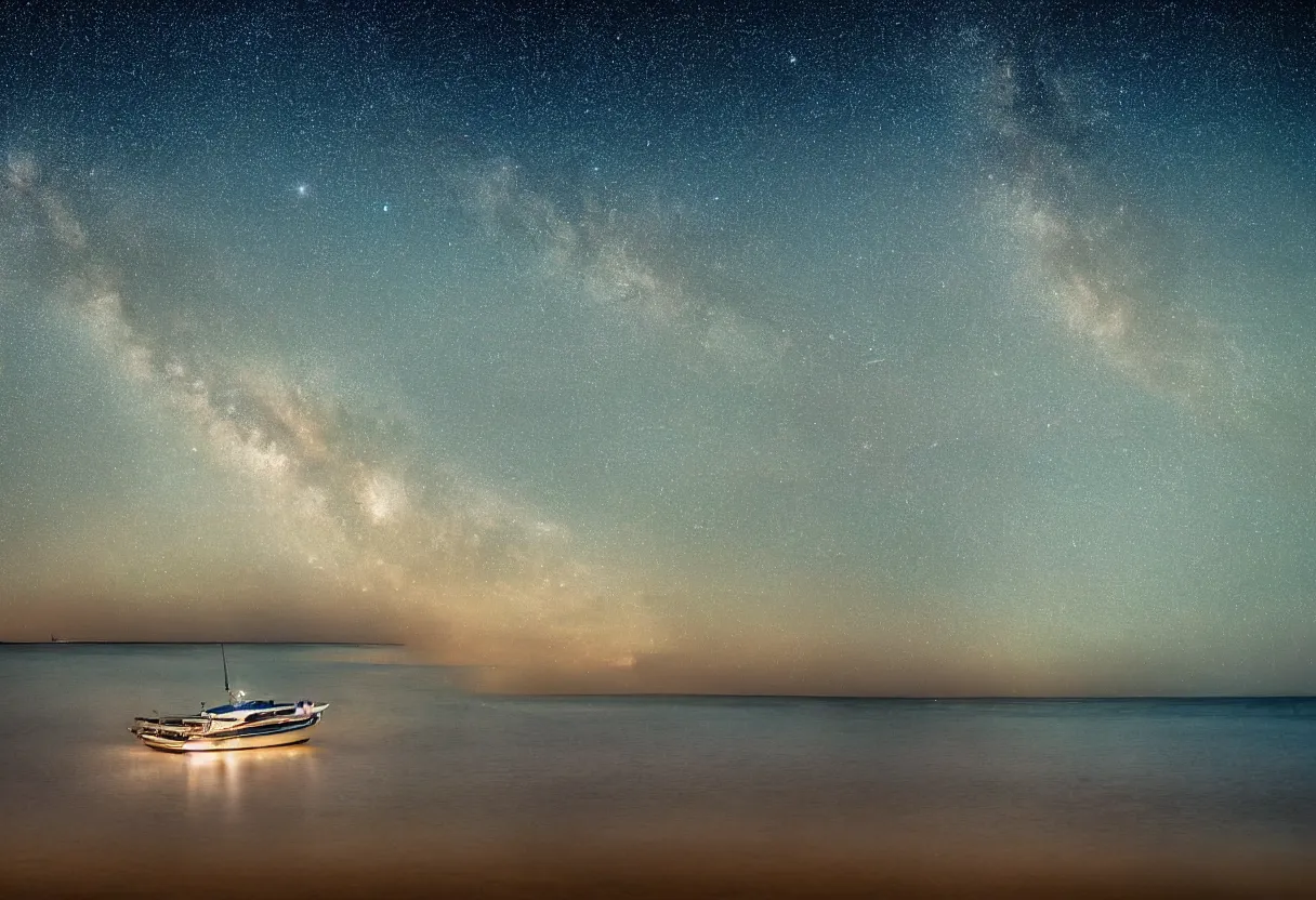 Image similar to peaceful sea at night full of stars milky way visible clear waters lonely yatch at distance blue tones sharp focus hdr