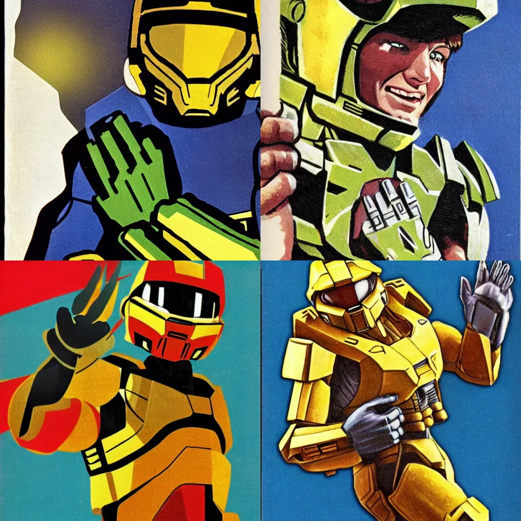 Prompt: Master chief from halo, holding the infinity gauntlet up, 1970s vintage art,