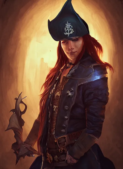 Image similar to A fantasy comic book style portrait painting of a 30 year old female as a pirate wizard in a atmospheric dark fortress, unreal 5, DAZ, hyperrealistic, octane render, RPG portrait, ambient light, dynamic lighting