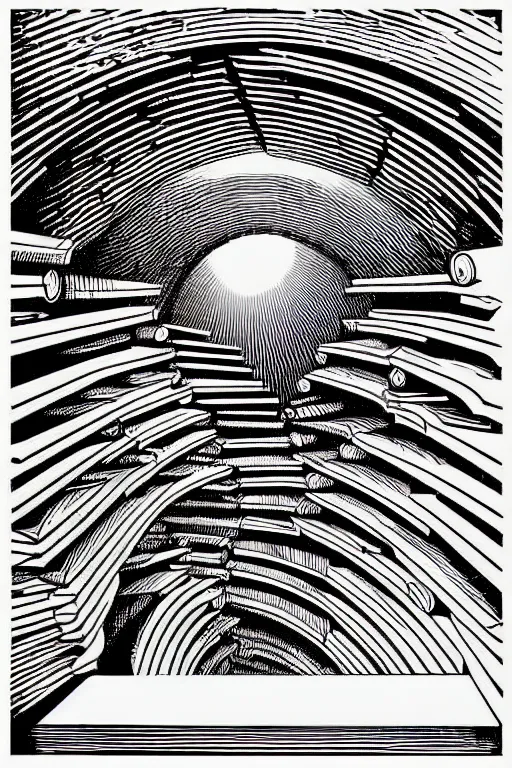 Image similar to spiraling tunnel of bookshelves, art by james o barr and albrecht durer, surreal woodcut engraving, black and white, vector, vector art