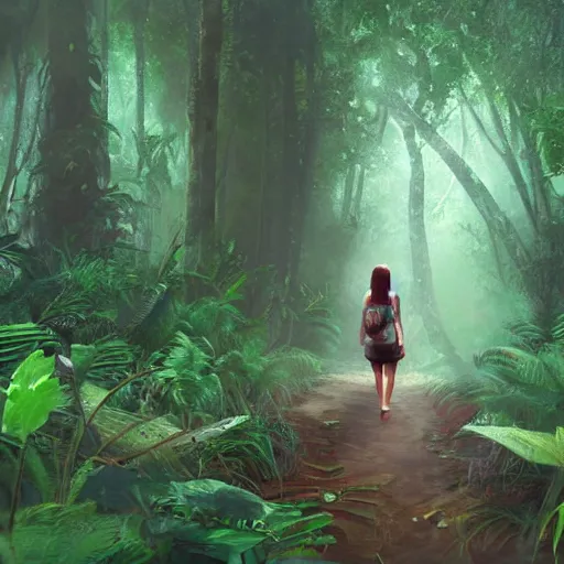 Prompt: girl traveling in a very dense rainforest,artstation