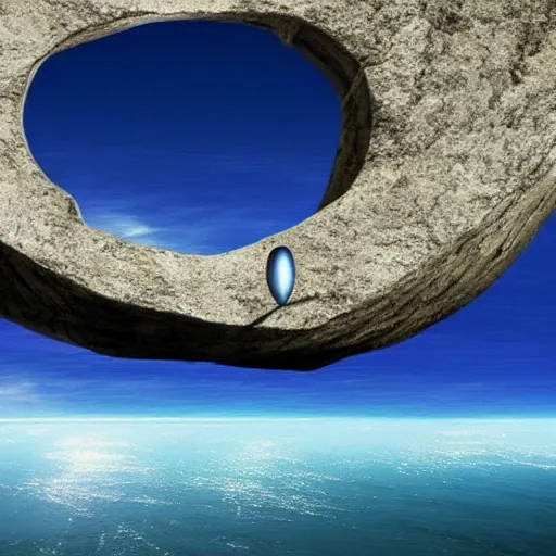 Prompt: a huge inverted conical rock floating in the air above an ocean. Awe inspiring background, fantasy!!!