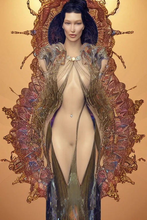 Prompt: a realistic portrait of a beautiful ancient alien woman goddess bella hadid standing in iris van herpen dress jewelery and fractals in style of alphonse mucha art nuvo dmt trending on artstation made in unreal engine 4