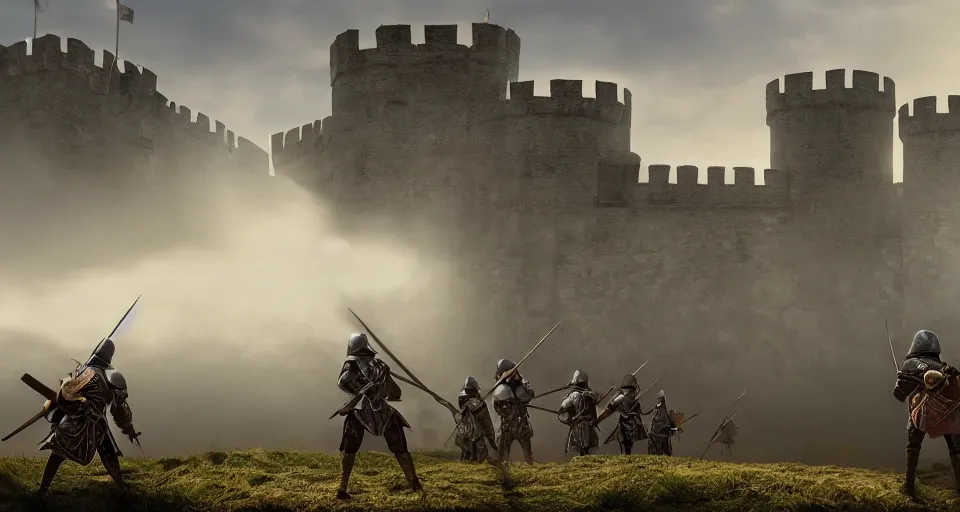 Image similar to ten medieval soldiers atop a castle wall looking at two trebuchets. it is a quiet morning. mist, epic, cinematic, volumetric lighting, symmetry, fantasy style, highly - detailed, unreal 5, realism