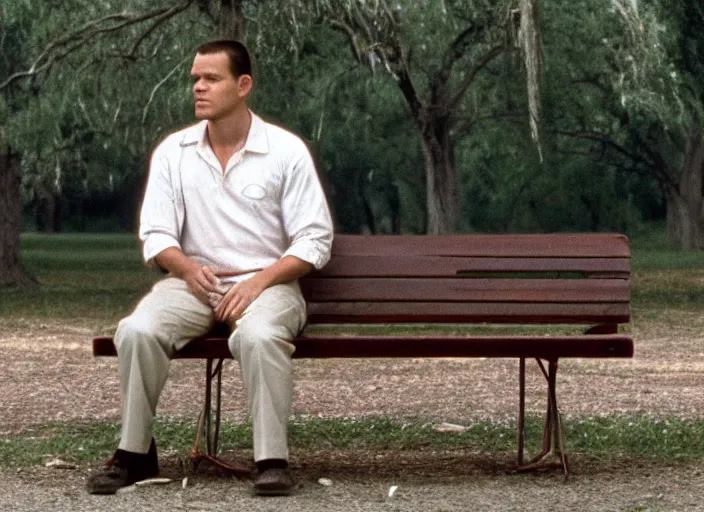 Image similar to film still of matt damon as forrest gump sitting on a bench in forrest gump, 4 k