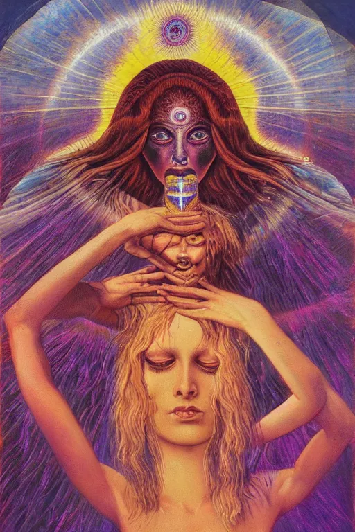 Image similar to mystic cult girl performing realism third eye ritual, expanding energy into waves into the ethos, epic surrealism 8k oil painting, portrait, high definition, post modernist layering, by Ernst Fuchs, Gerald Brom