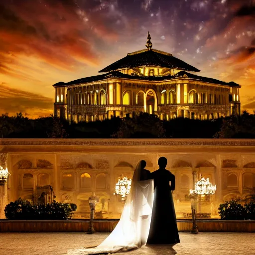 Image similar to A couple getting married in a venue, with a majestic Ottoman palace in the background, at night, well lit sky, close up shot on the couple, luxury, luxurious wedding, Ottoman Empire era, gold, photorealistic, ultra-detailed, 4k high resolution, HDR shot