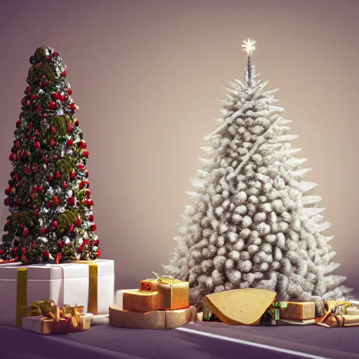 Prompt: a highly detailed photographic render of a christmas tree, cheese wheels under the tree, octane 3d render, beautifully lit