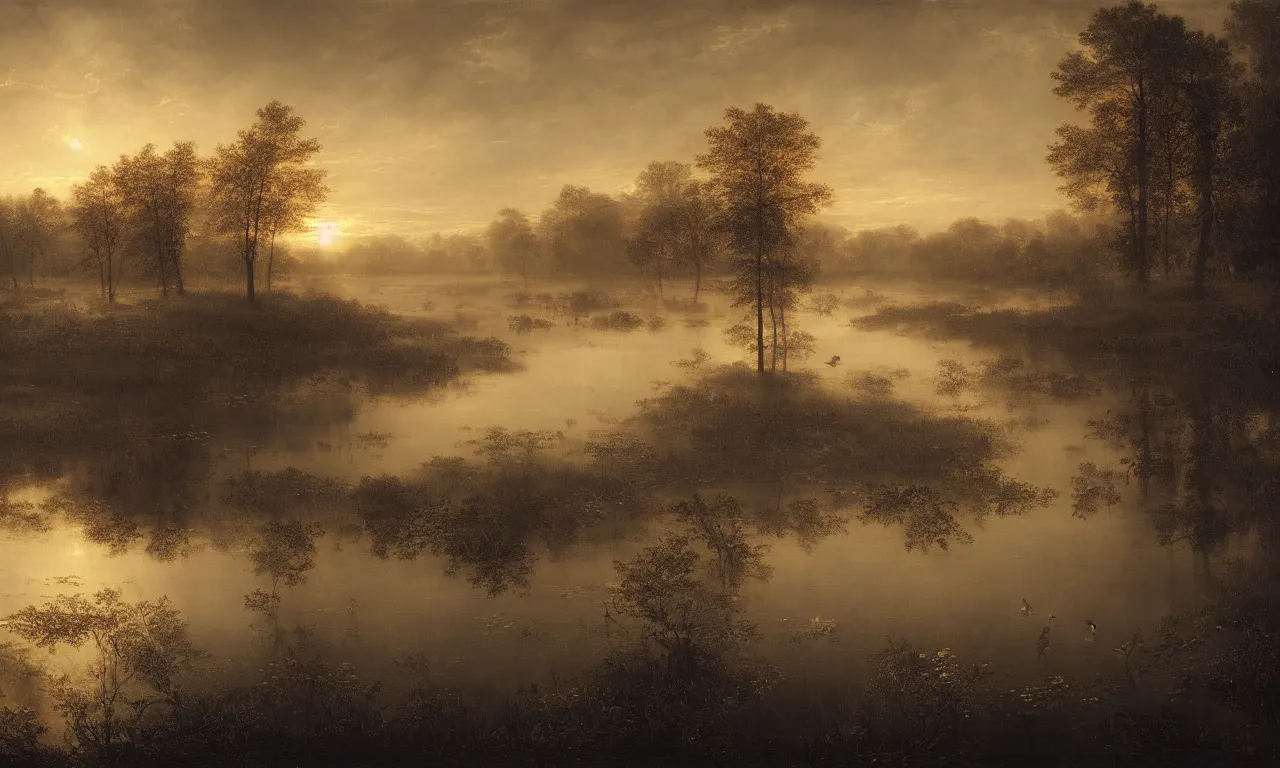 Image similar to a dark pond during golden hour. andreas achenbach, mikko lagerstedt, zack snyder, tokujin yoshioka