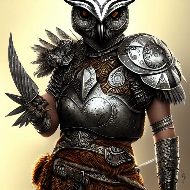 Image similar to warrior with metal owl armour, highly detailed, 4 k, hdr, smooth, sharp focus, high resolution, award - winning photo, artgerm, photorealistic