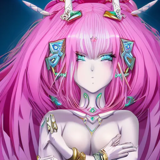 Image similar to stunningly beautiful omnipotent megalomaniacal anime goddess with porcelain skin, pink hair and mesmerizing cyan eyes, symmetrical perfect face smiling in a mischievous, devious and haughty way while looking down upon the viewer, mid view, hyperdetailed, 2 d, 8 k