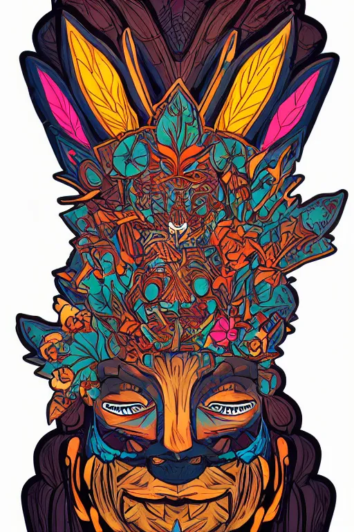 Image similar to animal mask totem roots flower tribal feather gemstone plant wood rock shaman vodoo video game vector cutout illustration vivid multicolor borderlands comics by josan gonzales and dan mumford radiating a glowing aura