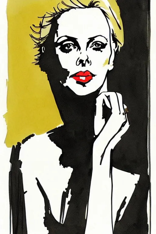 Prompt: beautiful portrait of Charlize Theron by Milo manara and David downton