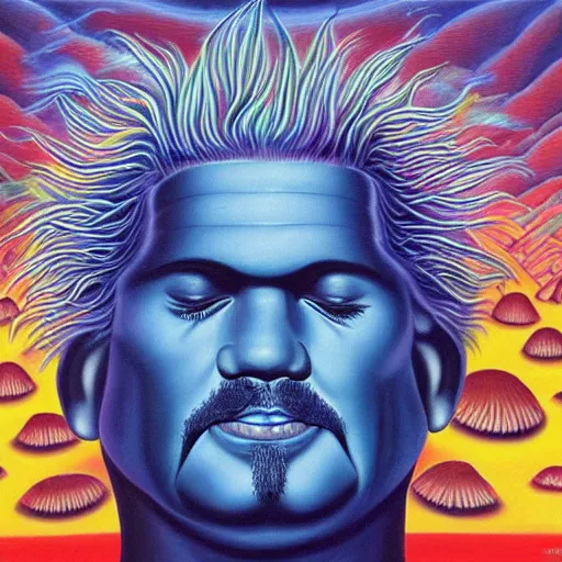Image similar to 8 0 s new age album cover depicting a mushroom cloud in the shape of guy fieri, very peaceful mood, oil on canvas by alex grey