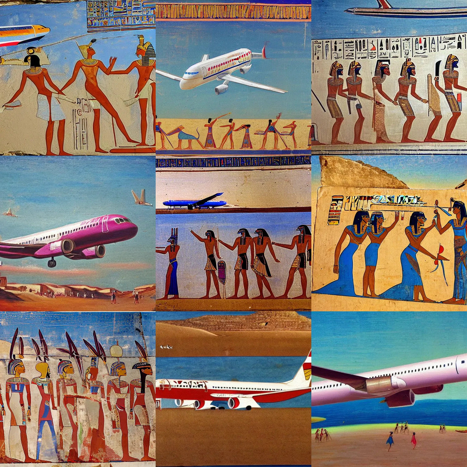 Prompt: ancient egyptian painting of a wizzair airbus a 3 2 1 - neo landing at skiathos airport, low over the heads of the people on the beach