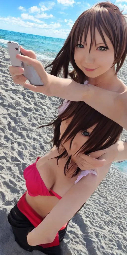 Image similar to anime girl selfie at the beach,