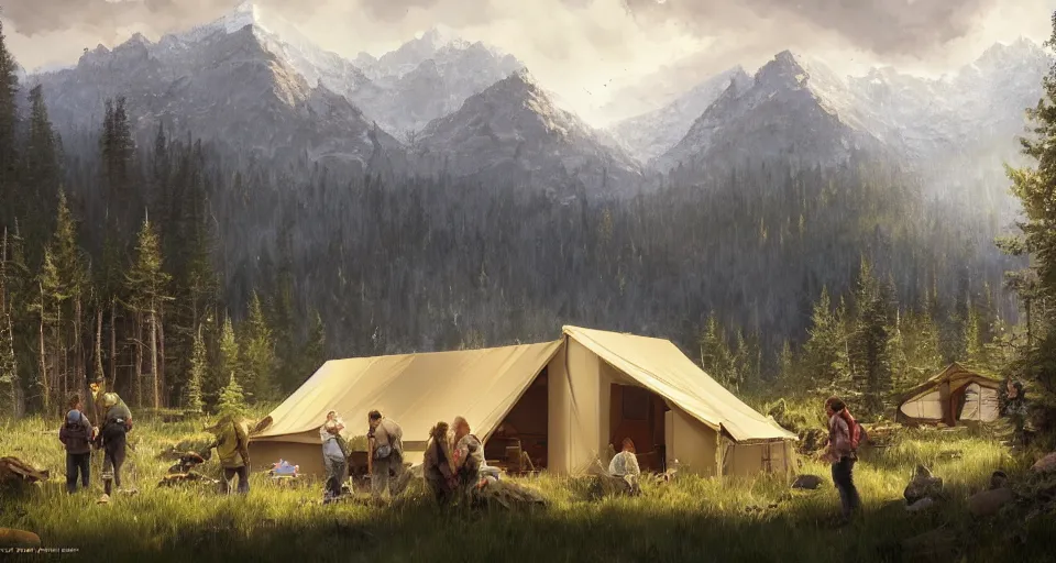 Image similar to cabela's beautiful comfortable community of modular insulated wall container home kit - house all weather family dwelling tent house, person in foreground, mountainous forested wilderness open fields, beautiful views, painterly concept art, environmental concept art, concept art illustration, by james gurney, by craig mullins, by greg rutkowski trending on artstation