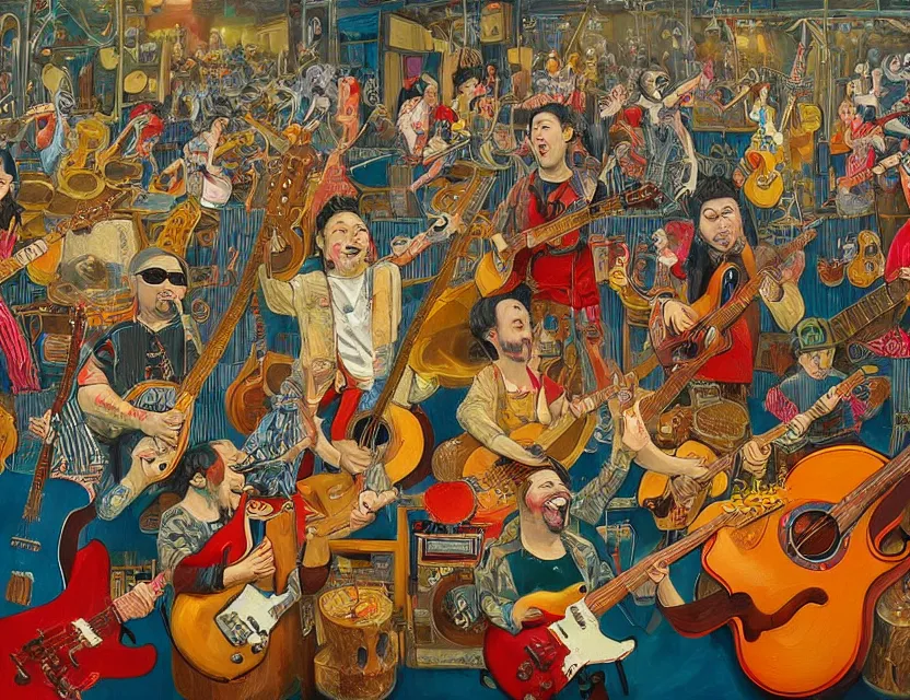 Image similar to a detailed oil painting of a concert by going bananas with guitars while the gold fishes are stoned like a shrimp and smiling cows in the sky in the style of artist James Jean