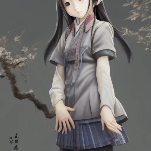 Image similar to ultra-detailed, amazing details, grayish palette, HD semirealistic anime CG concept art digital painting of a Japanese schoolgirl, by a Chinese artist at ArtStation, by Huang Guangjian, Fenghua Zhong, Ruan Jia, Xin Jin and Wei Chang. Realistic artwork of a Chinese videogame, gentle an harmonic colors.