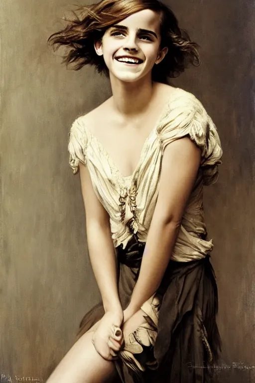 Image similar to emma watson smiling laughing gathered faille v - neck smiling detailed portrait painting by gaston bussiere craig mullins j. c. leyendecker photograph by richard avedon peter lindbergh annie leibovitz